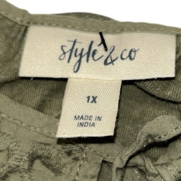 Style and Co Green Olive Flutter Sleeve women’s Blouse with Tie Front Size 1X - Picture 12 of 12